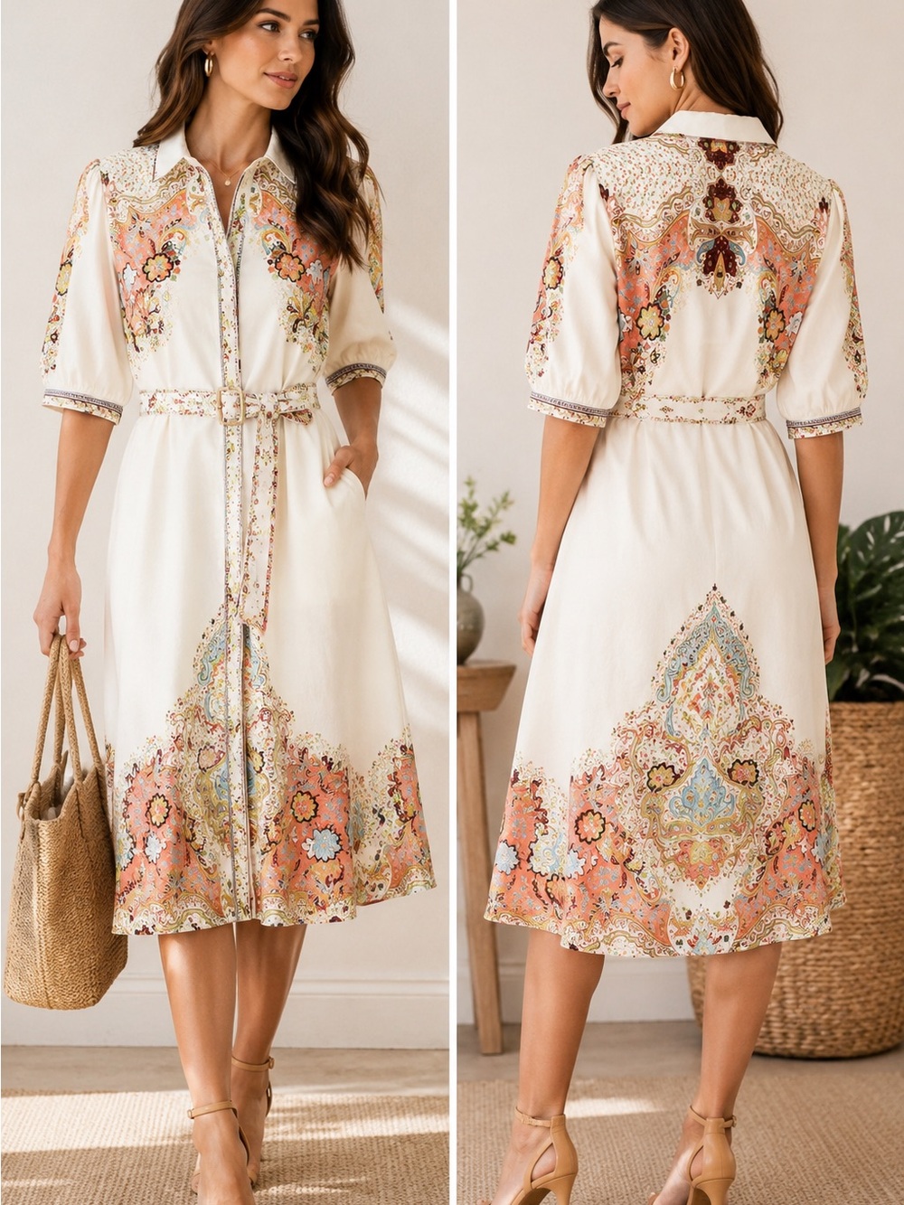 Boutique Ivory Paisley Belted Shirt Midi Dress Boho Floral Size M NWOT